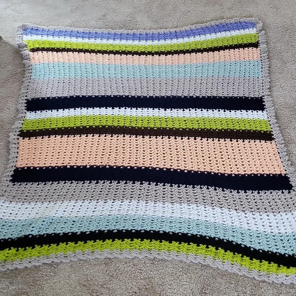 Handmade Striped Mulit Color‎ Crochet Afghan  Blanket Approx. 61 x 46 Grey Trim - Picture 5 of 5